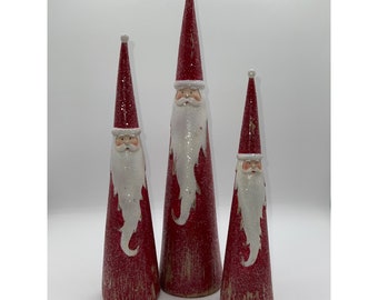 Olive & Coco Vintage Hand Painted Wooden Cone Mod Santa Trio Red and White Set
