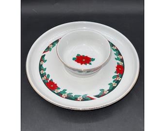 Tienshan Fine China Deck The Halls Chip And Dip Set With Gold Trim