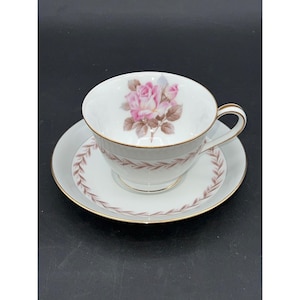 Vintage Noritake Rosemont 5048 China Tasse & Untertasse Set Pink Floral Gold Trim Made In Japan Eingestellt