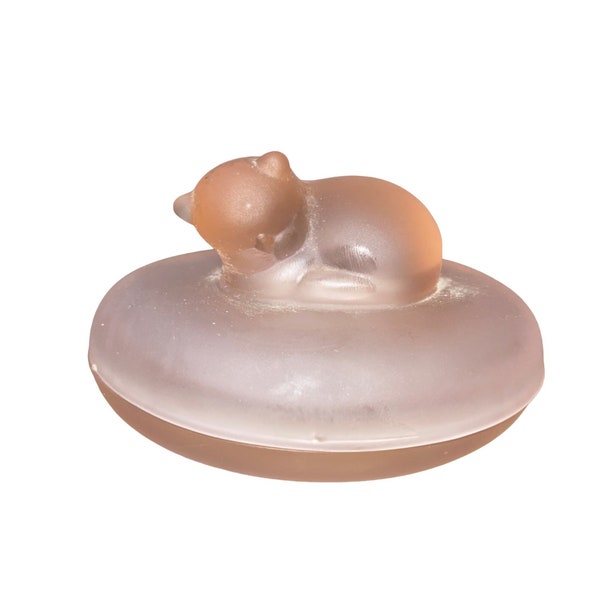 Vintage Pink Satin Glass Trinket Box with sleeping cat kitten