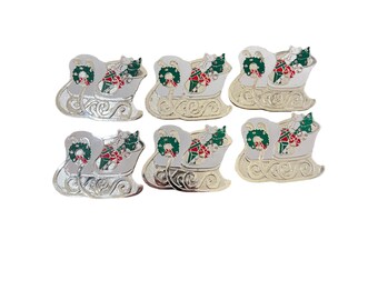 Vintage Oneida Christmas Holiday Sleigh Coaster Silverplate Enamel Set of Six
