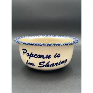 VTG Marshall Crock Popcorn Bowl Blue Spongeware &quot;Popcorn Is For Sharing&quot; 9&quot; Diameter