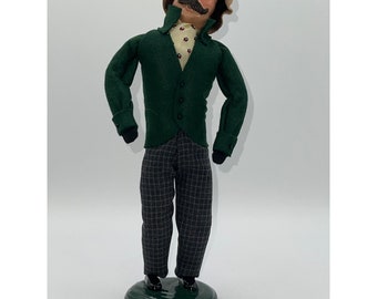 Vintage Byers Choice Caroler 2000 Adult Man in Green Long Felt Coat Brown Hat