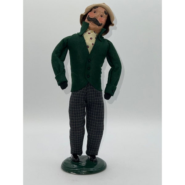 Vintage Byers Choice Caroler 2000 Adult Man in Green Long Felt Coat Brown Hat