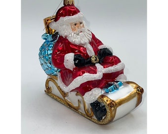 ポーランド購入高級手作り 吹きガラス製サンタクロスクリスマスオーナメント未使用 三日月の上で眠るサンタクロース 吹きガラス クリスマスオーナメント