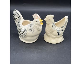 Vintage Ceramic Chicken Creamer & Sugar Bowl Set - Hand-Painted White, Black Farmhouse Decor Collectibles