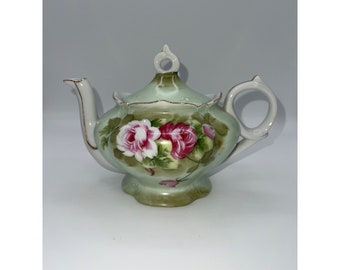 Vintage Hand Painted Lefton Heritage Green Cabbage Rose Music Box Teapot w/ Lid
