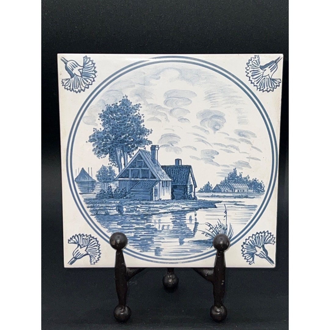 Blue Delft Windmill Thistle Waterway Hand Painted Blue and White Tile ...