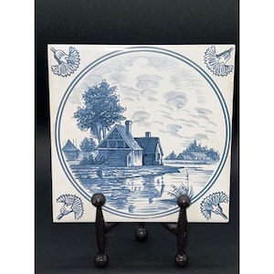 Blue Delft Windmill Thistle Waterway Hand Painted Blue and White tile 6x6