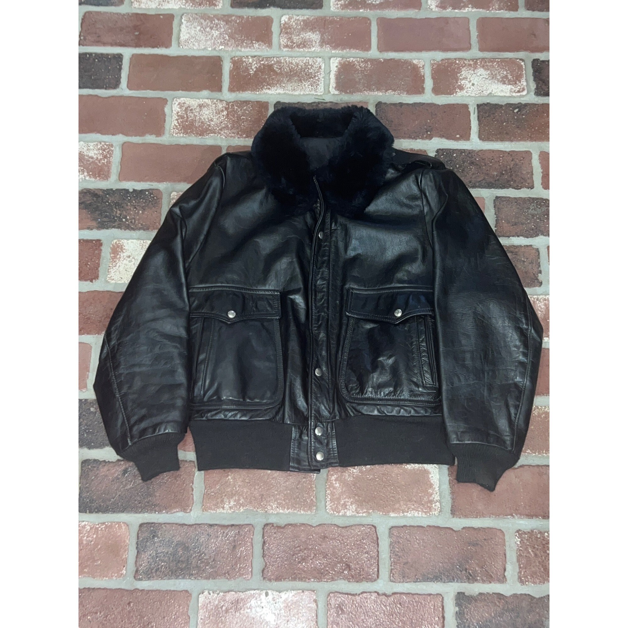 AMF Harley Davidson Vintage Black Leather Bomber Jacket With Fur Collar Size 48 Etsy