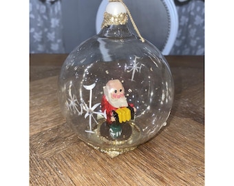 Vintage 1960s Glass Diorama Ornament Accordion Santa Beggar crystal Snowflake