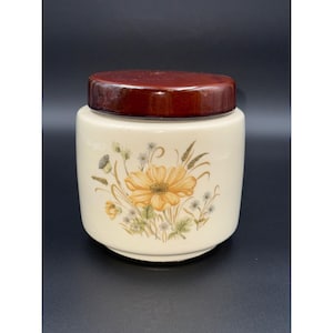 Vintage McCoy USA Blumenkeramikdose mit braunem Deckelmuster 214