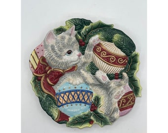 VTG Fitz and Floyd Essentials Christmas Ornaments Kitty Cat Canapé Plate 8.5&quot;