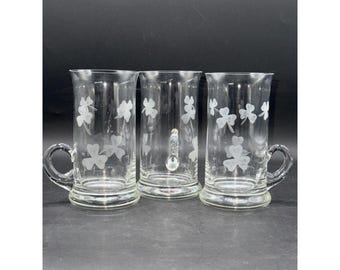 Set Of 3 Clear Glass Irish Coffee Mugs With Etched Shamrock Design 5.25" Tall 2.75" Diameter