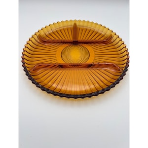 Vintage Indiana Glass Divided Dish Relish Plate Amber Dining Serving Dish
