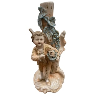 Vintage Antique Dresden Volkstedt Porcelain Peach Blue Boy Flower Tree Figurine 5.5&quot; tall