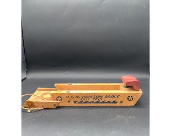 1940s U.S.N. Invasion Barge Wooden Toy By Cass Toys 11"x4"x1.5" WWII Era Collectible With Pull String