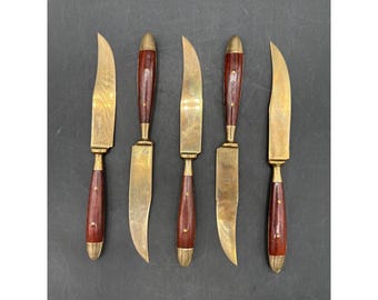 Vintage 5-Piece Brass & Rosewood Steak Knife Set 8 3/8 Inch Elegant Dining Collection