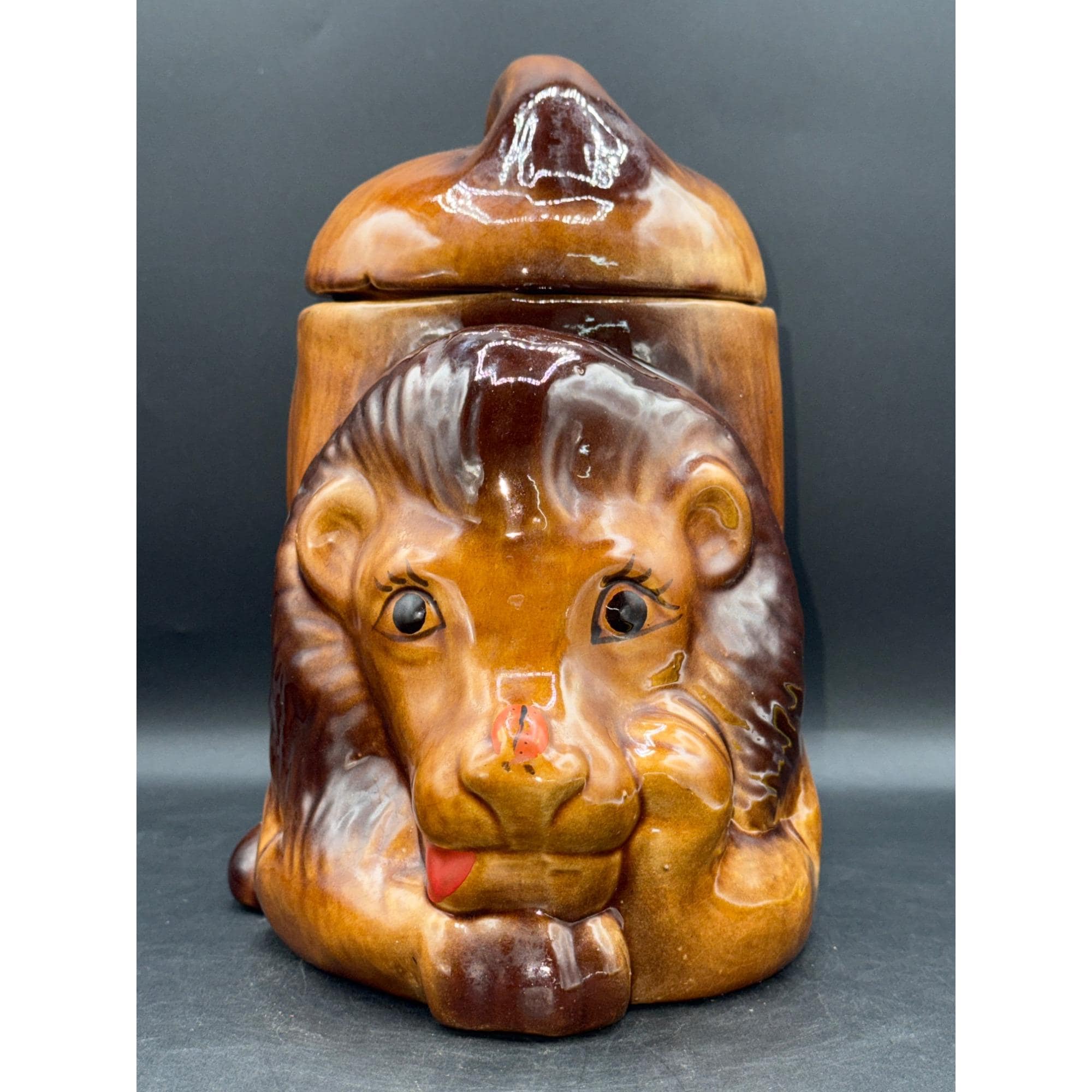 Vintage Hand-painted Ceramic Crouching Lion With Ladybug Cookie