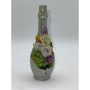 Antique Green Luster Elfinware Perfume Bottle with Roses Made in GERMANY