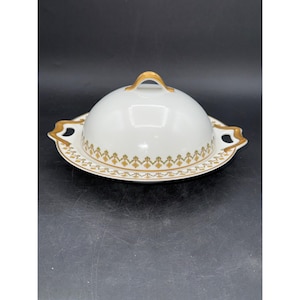 Haviland Schleiger 570 Limoges France Vintage Covered Butter Dish With Strainer Gold Accents 7 5/8 Inch Diameter Discontinued