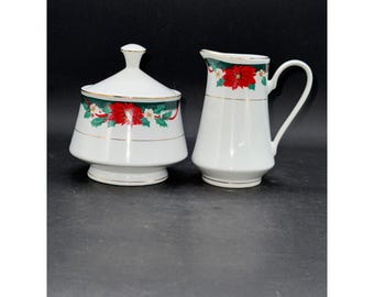 Christmas-Themed Porcelain Creamer & Sugar Bowl Set With Gold Trim Poinsettia Design