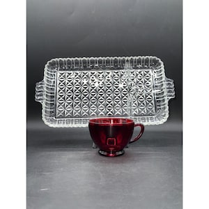 Vintage Clear Glass Serva Snack Tray With Ruby Red Glass Cup Elegant Diamond Pattern 10"x6" Tray 2.25" Tall Cup