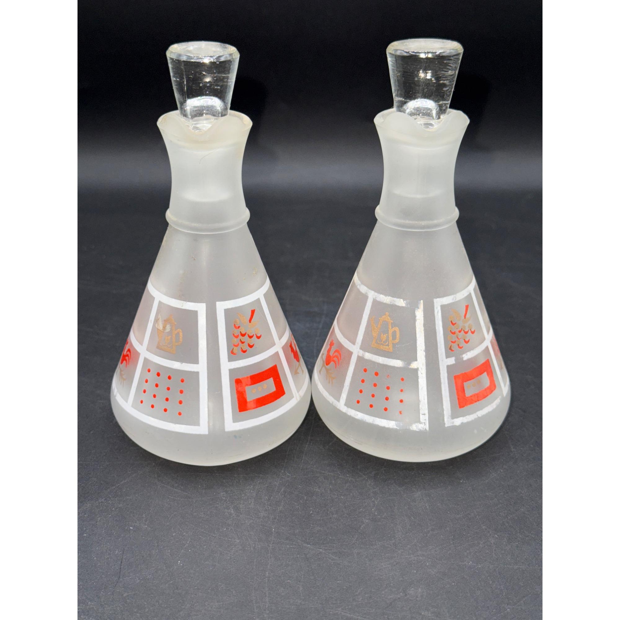VTG Hazel Atlas Frosted Glass Farm Checkerboard Oil & Vinegar
