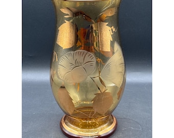 Vintage Bohemian Glass Vase Features Intricate Gold Leaf Etched Floral & Leaf Design 10" Tall 5" Diameter