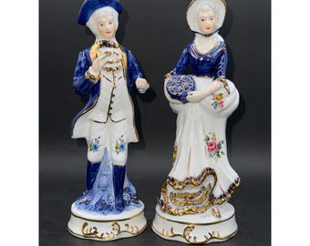 Vintage KPM Porcelain Figurines Set Of 2 Hand-Painted Blue & White With Gold Accents Man and Woman
