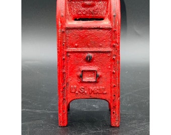 Vintage 1930s Cast Iron Red US MAIL #6 Coin Piggy Bank 5 1/2" Tall