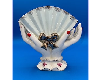 Vintage Porcelain Hand Holding Usacgo Fan Red Nail Polish Gold Trim