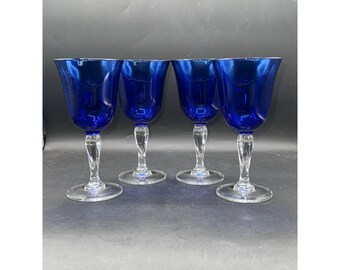 Cristal d'Arques Durand Sapphire Blue Wine Goblets Set Of Four With Twisted Stems 7.75" Tall