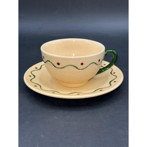 Vintage Metlox Poppytrail Vernon Hand Painted Cup & Saucer Set Beige Green Red Made In USA