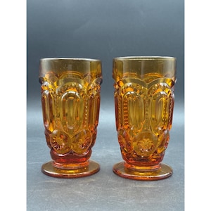 LE Smith Amber Moon & Stars Iced Tea Glass Tumbler Set Of 2 VTG 5.5&quot; Tall Drinkware