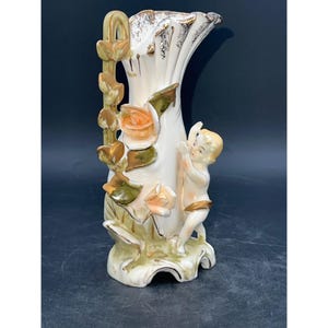 Vintage Porcelain Vase With Cherub & Floral Design 6.75&quot; Tall Ivory Gold Accents