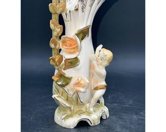 Vintage Porcelain Vase With Cherub & Floral Design 6.75" Tall Ivory Gold Accents