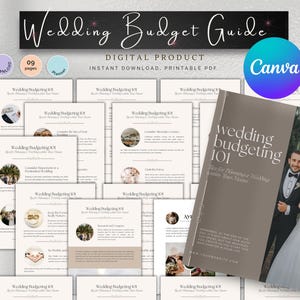 May include: A digital wedding budget guide with the title "Wedding Budget Guide" in white script on a black background. The guide includes pages with the text "Wedding Budgeting 101" and a Canva logo. A book cover shows a couple.