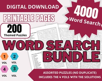 Word Search Bundle - VOLUME 1–4 BUNDLE | 4000 Word Search for Adults, Teens and kids | Digital | Printable Pages | Instant Download PDF