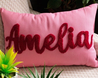 Custom Girl Name Embroidered Pillow Case, Personalized Punch Needle Pillow Cover, Baby Shower Pillow, Handmade Monogram Lumbar Pillow