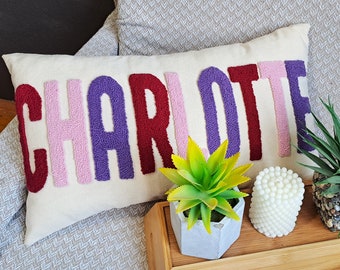 Custom Name Punch Needle Pillow Cover, Personalized Embroidered Pillow Case, Lumbar Throw Pillow, Needlepoint Pillow, Monogram Pillow