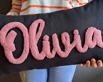 Custom Name Punch Needle Pillow Case, Embroidery Text Pillow Cover, Personalized Letter Pillow, Monogrammed Pillow, Tufted Lumbar Pillow
