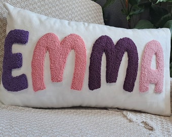 Personalize Pillow, Embroidered Pillow, Custom Pillow Cover, Punch Needle Pillow, Name Pillow, Mothers Day Gift, Lumbar Monogram Pillow