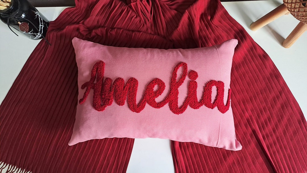 Personalized Punch Needle Name Pillow Case, Embroidered Text Pillow