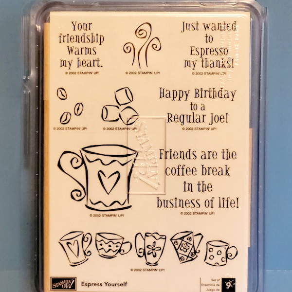 Stampin Up! 2002 "Espress Yourself" Wood Mount Rubber Coffee/Espresso/Friendship Stamps NEW Set of 9