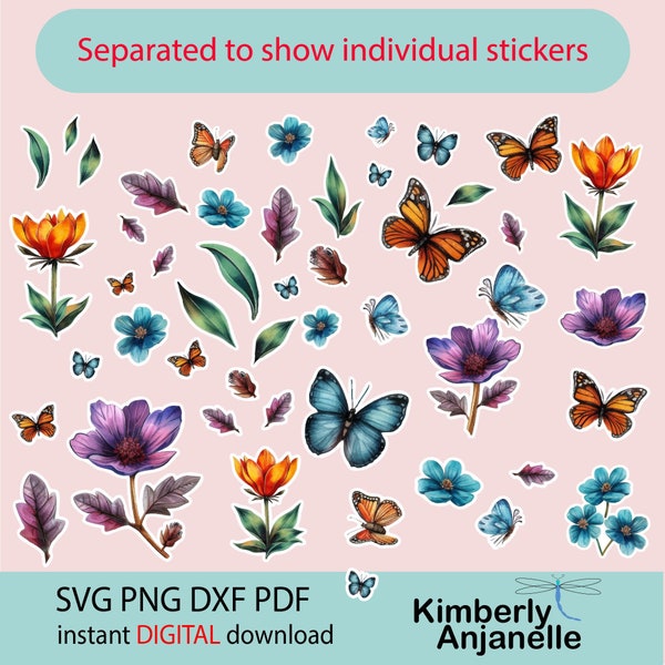 Butterfly Spring Summer Sticker Sheets, Flower stickers, Printable Stickers, Digital Stickers, Floral Stickers, Clipart, Svg Png Dxf Pdf