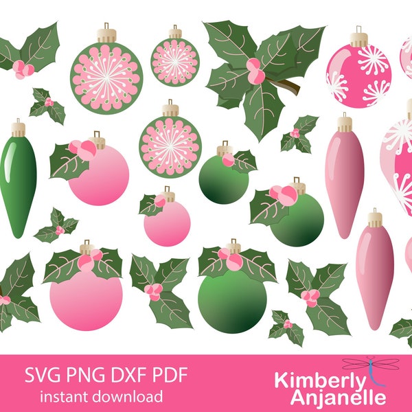 Christmas stickers, Instant Digital download sticker sheet, Pink and Green Ornament stickers, Holly leaf stickers, svg, dxf, pdf, png files