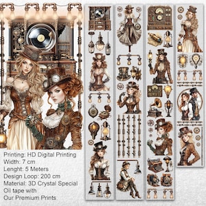 May include: Steampunk-themed decorative tape featuring illustrations of women in Victorian-era attire, gears, and vintage gadgets. The tape is 7 cm wide and 5 meters long, with a 200 cm design loop. The text on the tape reads "Printing: HD Digital Printing".