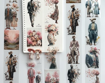 Cinta adhesiva PET Blossom Walk con figuras florales de primavera para collage, ideal para diarios y álbumes de recortes.