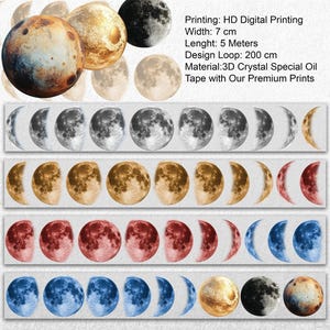 Peut inclure: Ruban décoratif représentant les phases de la lune en nuances de gris, or, rouge et bleu. Le ruban mesure 7 cm de large et 5 mètres de long, avec une boucle de conception de 200 cm. Le texte de l'image indique "Printing: HD Digital Printing".